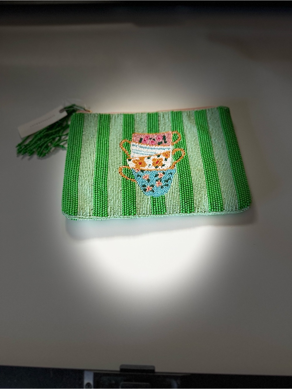 Anthropologie Green Striped Beaded pouch. Anthropologie